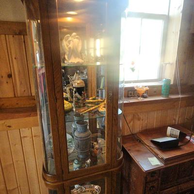 Lit Wood And Glass Display Cabinet With Contents
