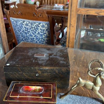 Christmas Greetings Tin, Wood Chest, Brass Gazelle