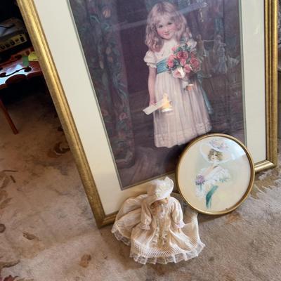 Handed Painted Round Picture, Framed Artwork & Porcelain Doll