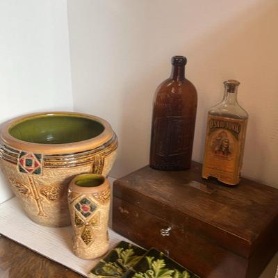 O-Sato Tonic Bottle, Roseville Style Mostique Vase & Pot