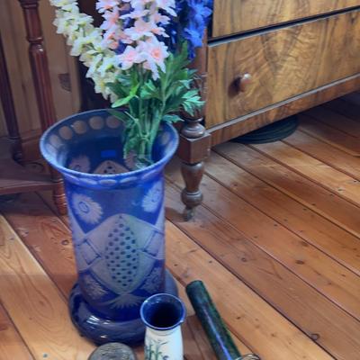 Cobalt Cut Glass Vase, Floral Ceramic Vase, Glass Jar & Kaleidoscope
