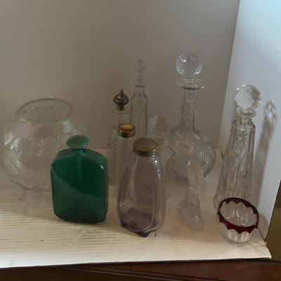 Crystal Cologne & Perfume Bottles, Purple Glass, Green Decanter 