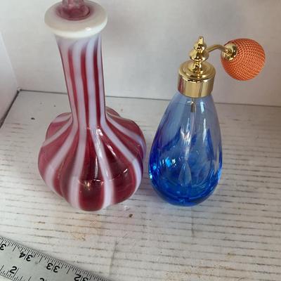 Vintage Fenton Glass Perfume Bottle & Cranberry & White Stripe Vintage Caltheness Blue Glass Bottle 