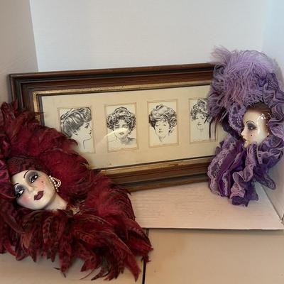 Unique Creations Ceramic Feather Mask Art Decor & Lady Art Picture