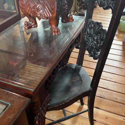 Glass Top Mahogany Carved Side Table, Mahogany Carved Stool, & Straight Back Carved Chair