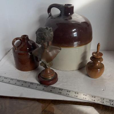 Brown Glaze Jug, Stoneware 2 Gallon Jug, Art Nouveau Bust & Wood Perfume Bottle 