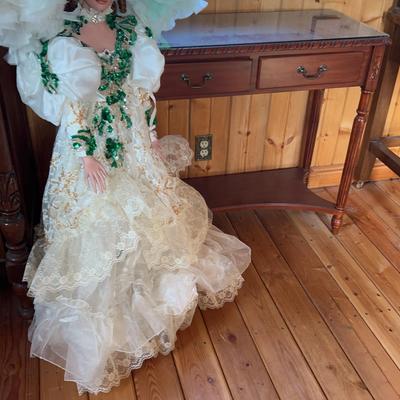 Collectible Doll & 2 Drawer Wood Carved Table  