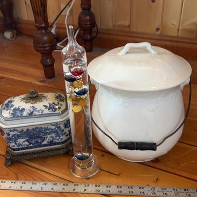 Antique Lidded Pot, Porcelain Blue/White Jar & Thermometer