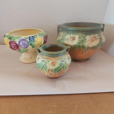 Two Matching Unmarked Roseville Style Pots And Decorative Bowl