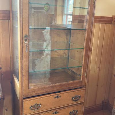 Antique Oak Tall Display Cabinet With 3 Drawers