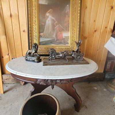 Oval Marble Top Table, Framed Knight Picture, Crock