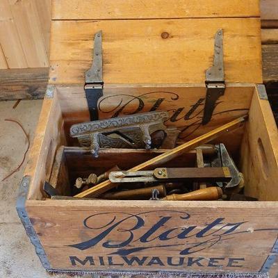 Antique Wood Box With Antique Tools #1