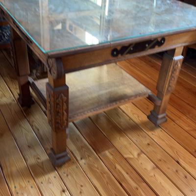 Carved Wood Table With Glass Protective Top 