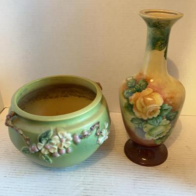 Roseville Green Floral Pot & Floral Painted Vase