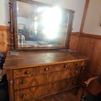 Antique Oak Low Boy Dresser With Mirror 