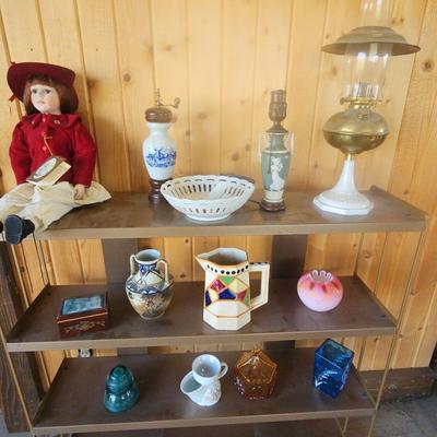 Metal Shelf, Doll, Handlan Lamp And Assorted Decorations