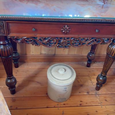 Carved Buffet With Drawer, Glass Top, 2 Gal Wing Crock