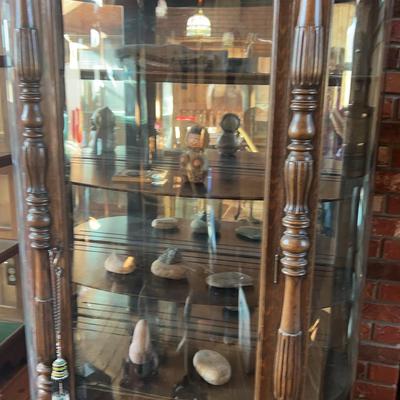Antique Curved Glass Carved China Cabinet With Native American Contents