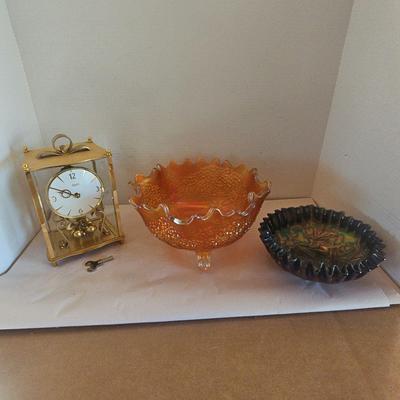 2 Carnival Glass Bowls And Kundo Clock