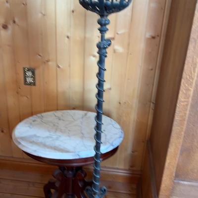 Oval Marble Top Side Table  & Wrought Iron Plant Stand