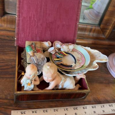 Mini Tea Set, Vintage Baby Rattle, Baby Figures & Jewelry Box