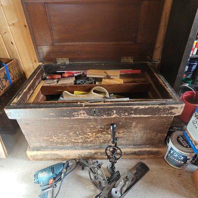 Large Wooden Tool Box With Tools