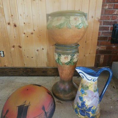 Reverse Painted Lamp Shade, Unmarked Roseville Style Pot And Pedestal, Large Pitcher