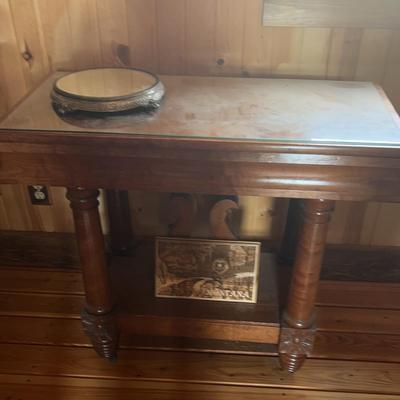 Ornate Oak Antique Table With Glass Top & Mirrored Plateau