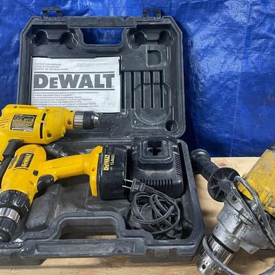 DeWalt Corded 1/2” Drill, DeWalt 3/8 Corded Drill & 14.4 Volt Battery Drill w/ 1 Battery & Charger