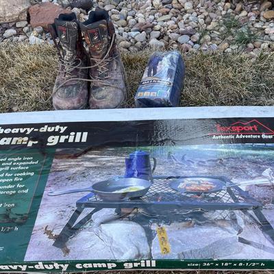 Texsport Camping Grill With Red Head Goretex Boots And Rain gear 
