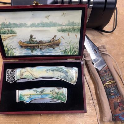Vintage Fish/ Hunting Theme Knife Set, Totem Folding Knife & Sharpener 