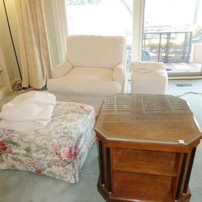 $100 - White Slicovered Chair and Ottoman (floral upholstery underneath); $80 - Lamp Table
