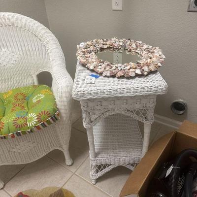 Wicker table and shell mirror