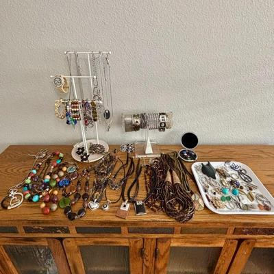 Lot #55 - Jewelry Lot - Assorted Necklaces, Earrings,Rings, Bracelets & Stands