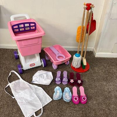 Lot #127 - Preschool Imaginative Playset Lot: Melissa & Doug Cleaning Set, Little Tykes Shopping Cart, Wagon, Dress-Up