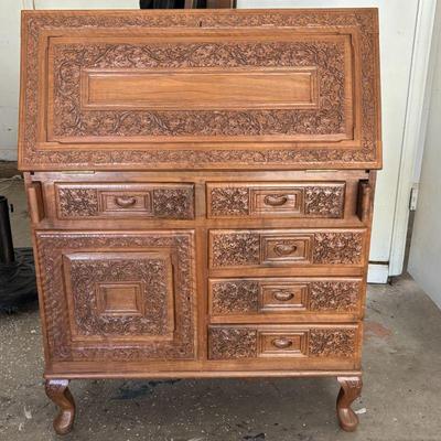 Lot #156 - Antique Asian Hand-Carved Wooden Secretary Desk