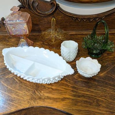 Lot #96 - Vintage Glassware Collection - Hobnail Milk Glass, Amber Basket, Green Glass Basket & Pink Carnival Glass Dish.