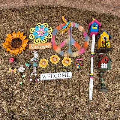 Lot #146 - Summer Garden Décor Lot - Colorful Birdhouses, Peace Sign, Sunflower Yard Stakes & More.
