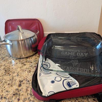 Lot #20 - Anchor Hocking Insulated Food Carriers with Casserole Dishes and Stainless Steel Pot.