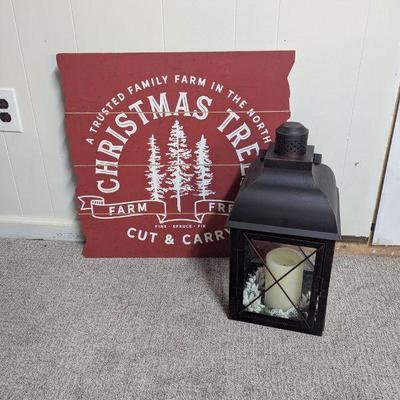 Lot #121 - Holiday Decor Lot - Rustic Christmas Tree Sign & Lantern.