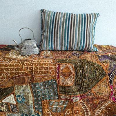 Lot #37 - Decorative Pillow, Chinese Metal Elephant Teapot & Indian Beaded Tapestry