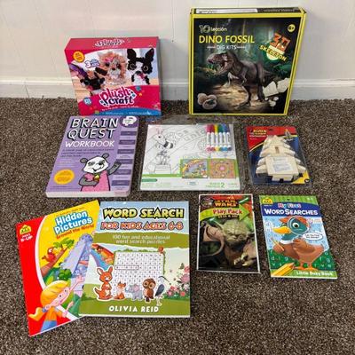 Lot #131 - Kids Activity and Craft Lot - Plush Craft, Dino Fossil Dig Kit, Workbooks and More