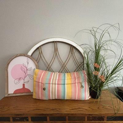 Lot #31 - Home Decor Lot - Kirkland's Arch Frame, Transpac Art, Colorful Striped Pillow & Faux Plant.
