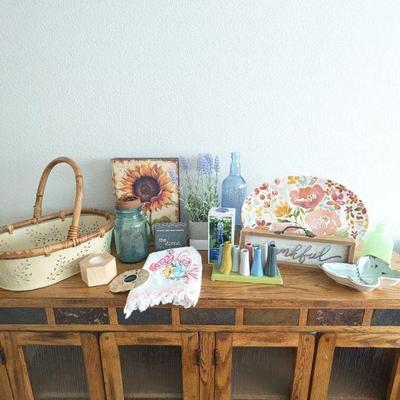 Lot #46 - Home Decor Collection - Vintage Basket, Glass Jars, Floral Plate, and More.
