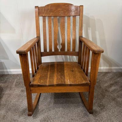Lot #78 - Antique Rocking Chair - Mission Style,Tiger Oak Wood, Early 20th Century.