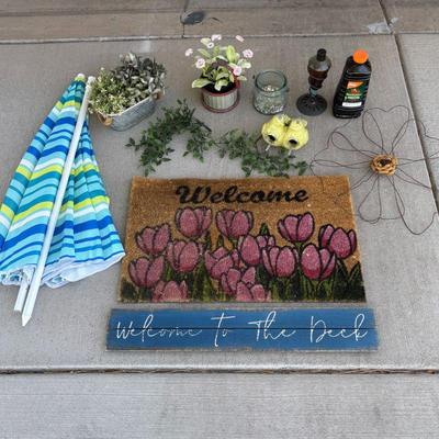 Lot #148 - Outdoor Decor Lot - Beach Umbrella, Birdhouse, Tabletop Tiki and More