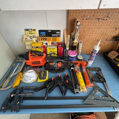 Lot #193 - Woodworking Tool Lot - Black & Decker Palm Sander & Jigsaw, Hand Tools, and Project Supplies.