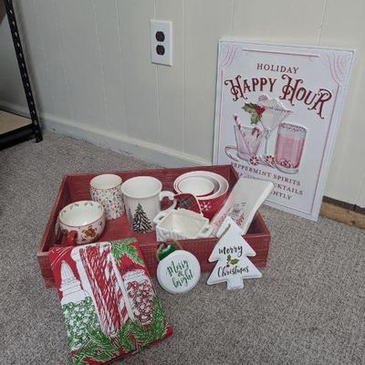 Lot #120 - Holiday Kitchenware Collection - Mugs, Serving Bowls, and Decorative Items.