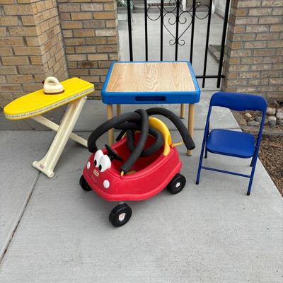 Lot #141 - Kid's Toy Lot - Little Tikes Cozy Coupe Swing, Folding Chair, Kids Table & Ironing Board.