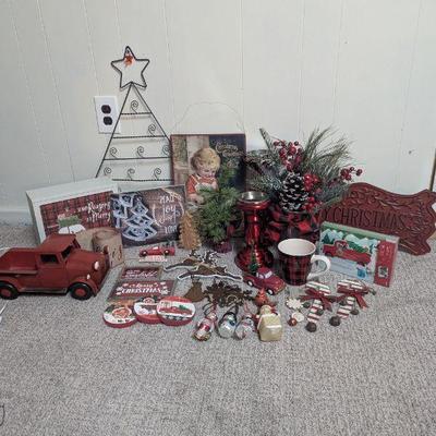 Lot #115 - Vintage Christmas Decor Lot - Red Truck, Wooden Tree, Ornaments, and More.